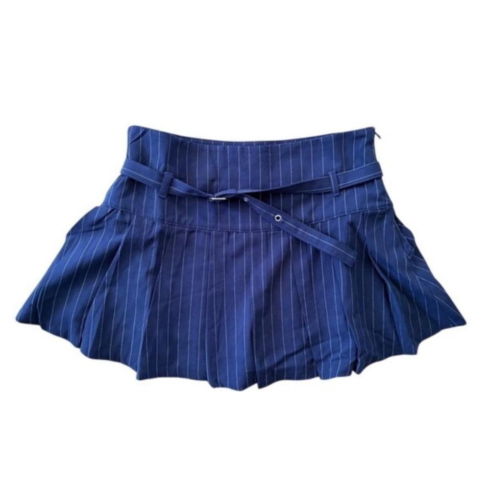 Y2K Love Tree Navy Blue Pinstripe Pleated Mini Skirt with Belt S Preppy #5